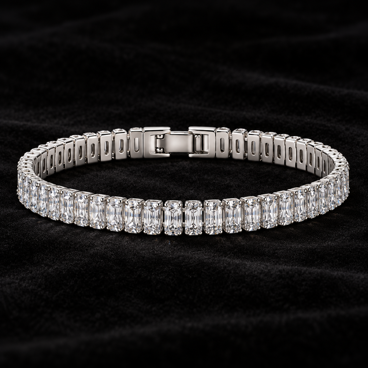 Rivière Baguette Argent tennis bracelet on a luxurious dark background